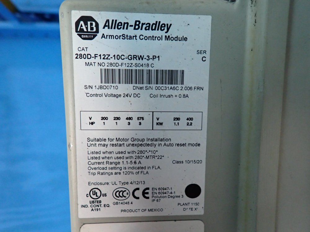 Allen-bradley 3 Hp Armorstart Distributed Motor Controller - 280d-f12z-10c-grw-3-p1