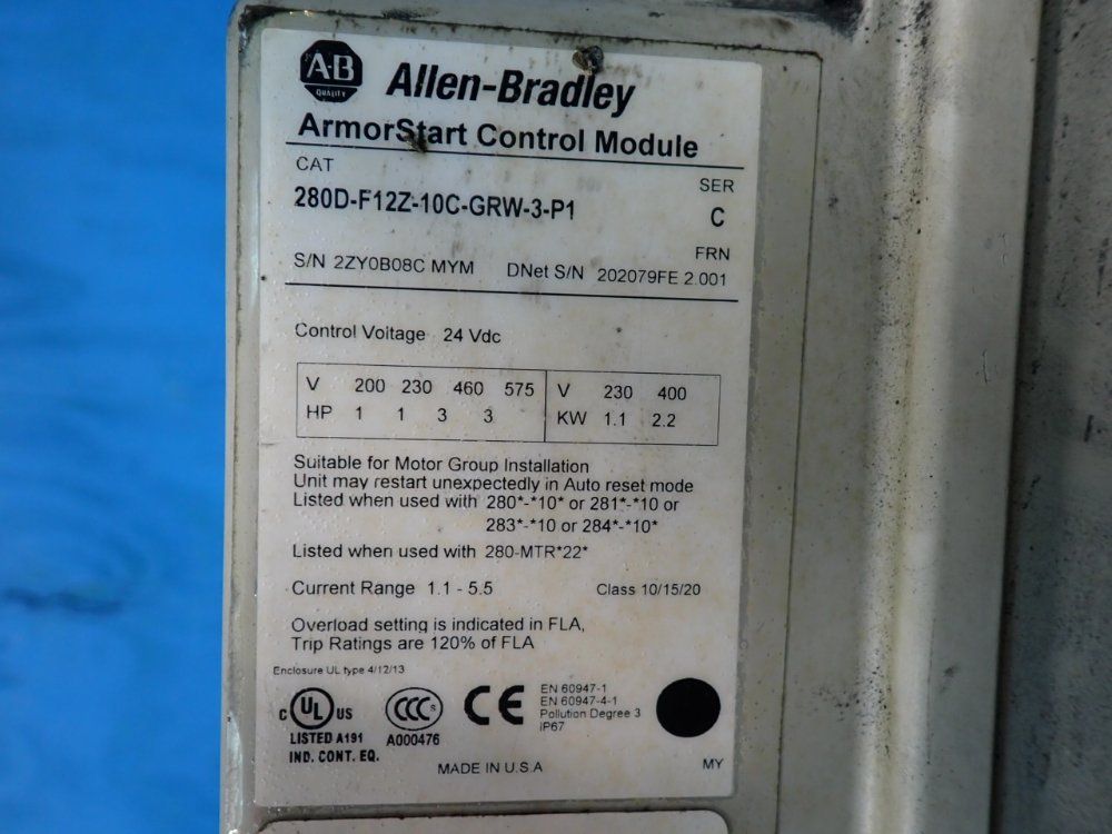 Allen-bradley 3 Hp Armorstart Distributed Motor Controller - 280d-f12z-10c-grw-3-p1
