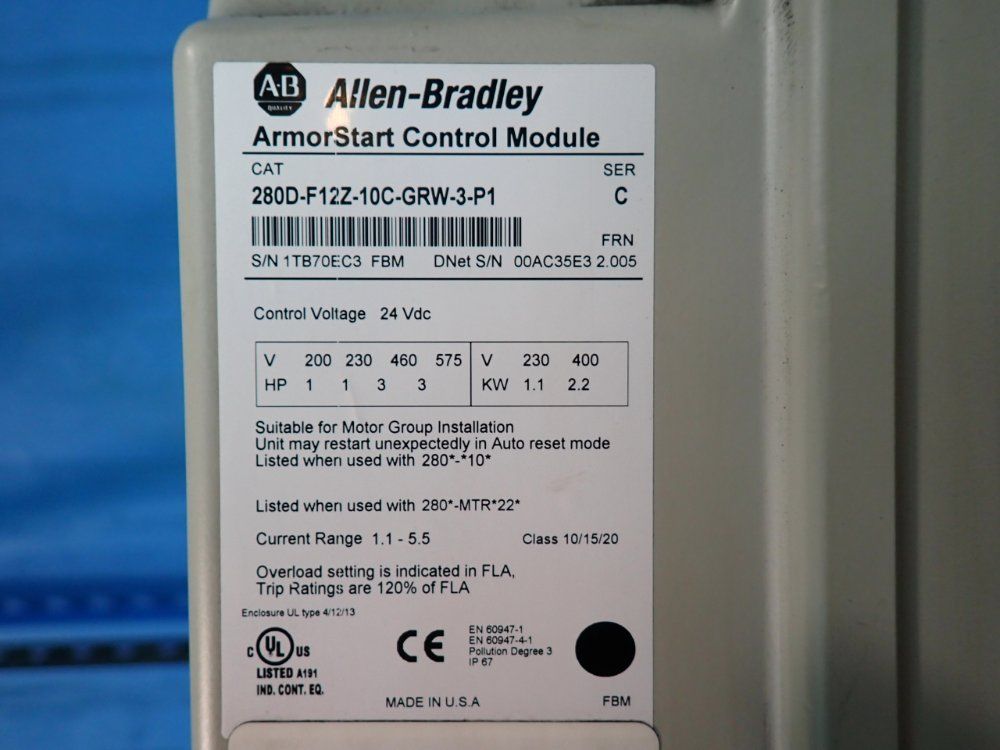 Allen-bradley 3 Hp Armorstart Distributed Motor Controller - 280d-f12z-10c-grw-3-p1