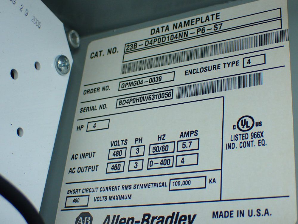 Allen-bradley Powerflex Enclosure W/22b-d4p0h204 Drive - 23b-d4p0d104nn-p6-s7