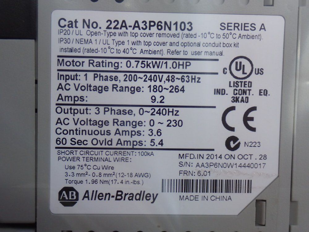Allen-bradley 1hp Powerflex 4 Ac Drive - 22a-a3p6n103