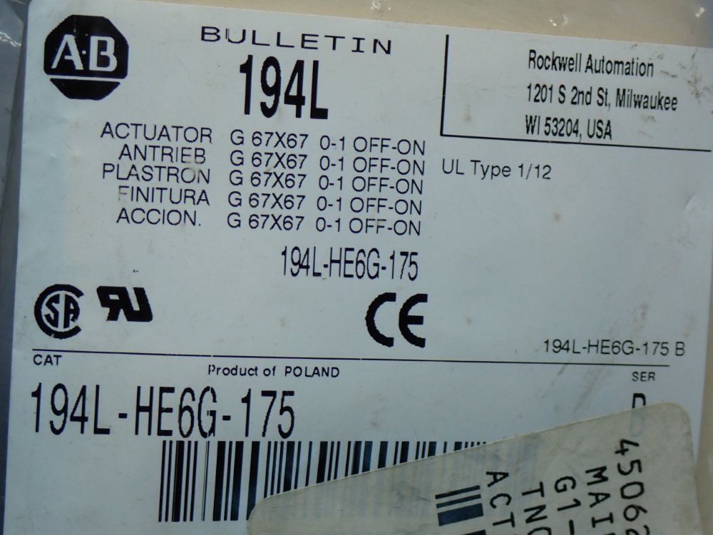 Allen Bradley 194l-series Control And Load Switch - 194l-he6g-175