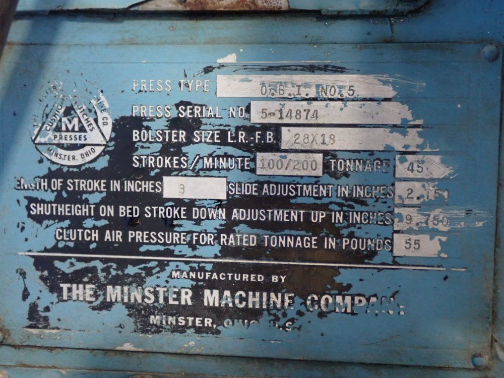 Minster 45 Ton 18" X 28" Bed 5 Obi Press - 5