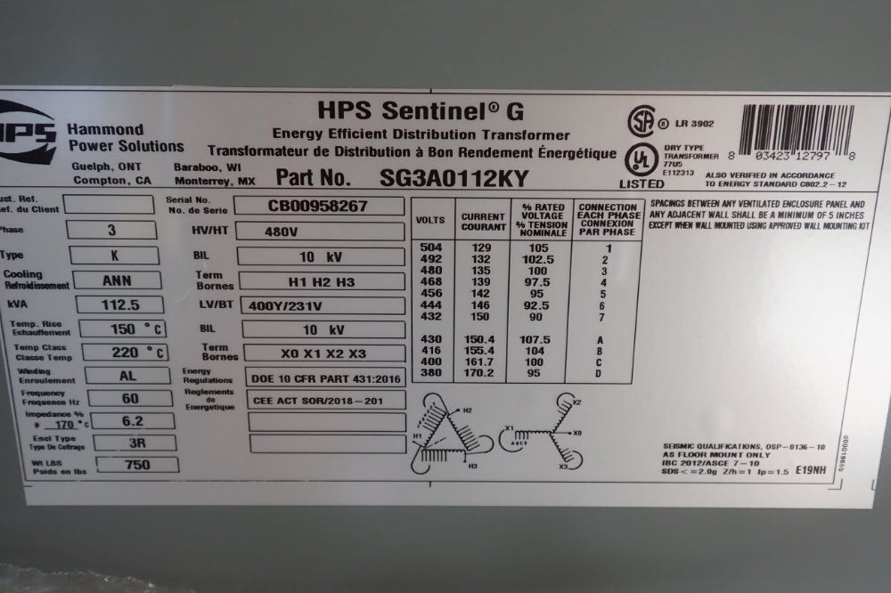 Hammond Power Solution 112.5kva/10kv Transformer - Sg3a0112ky