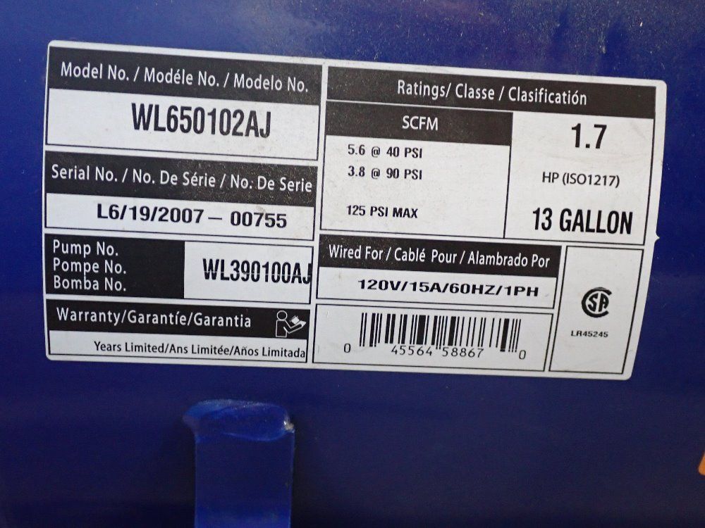 Campbell Hausfeld 13 Gal Air Compressor - Wl650102aj
