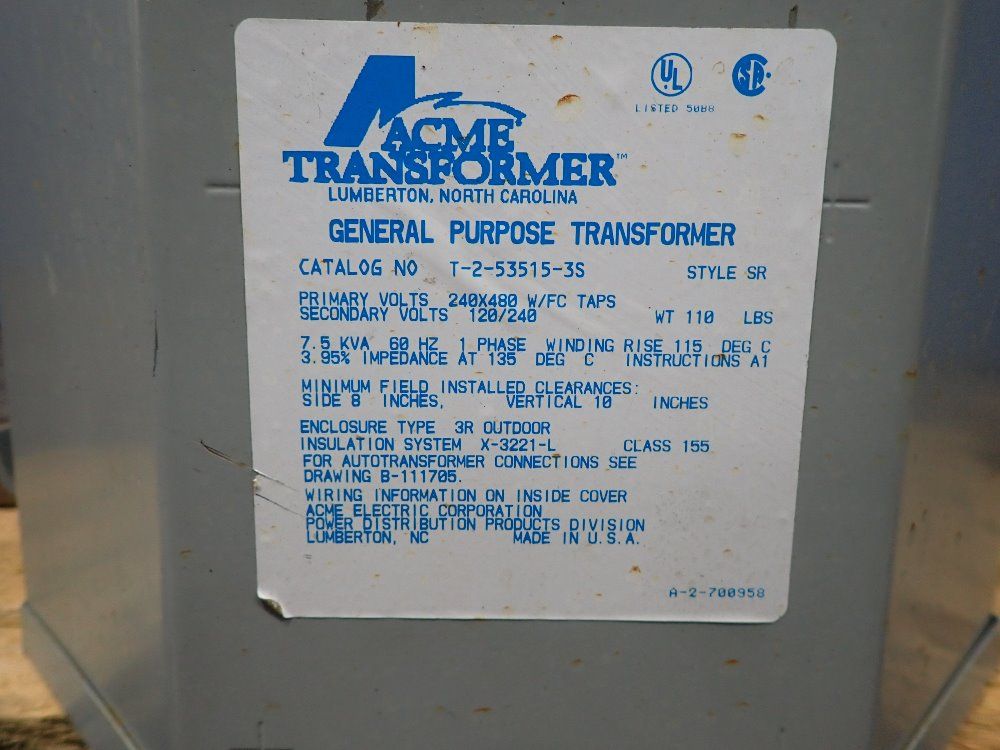 Acme 7.5 Kva Transformer - T-2-53515-3s