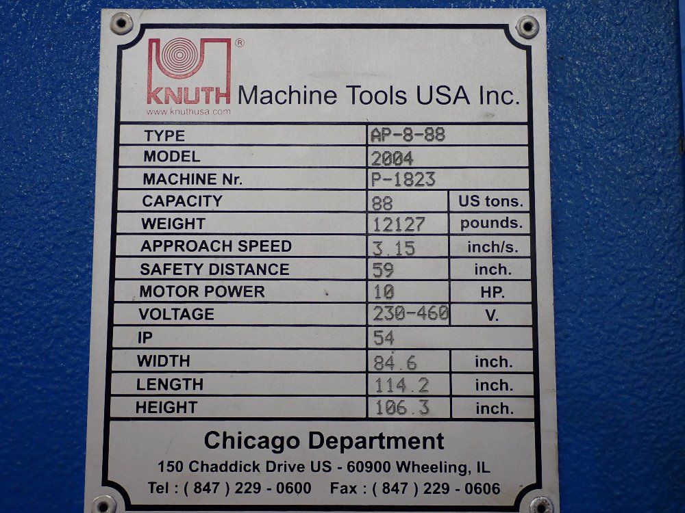 Knuth Machine Tools Usa Inc. 88 Tons Hydraulic Press Brake - Ap-8-88 2004 (ahk 2680)