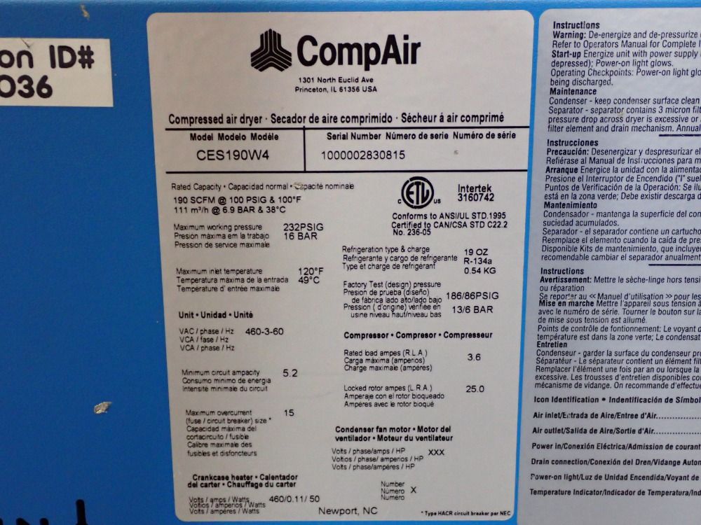 Compair 190scfm Compressed Air Dryer - Ces190w4