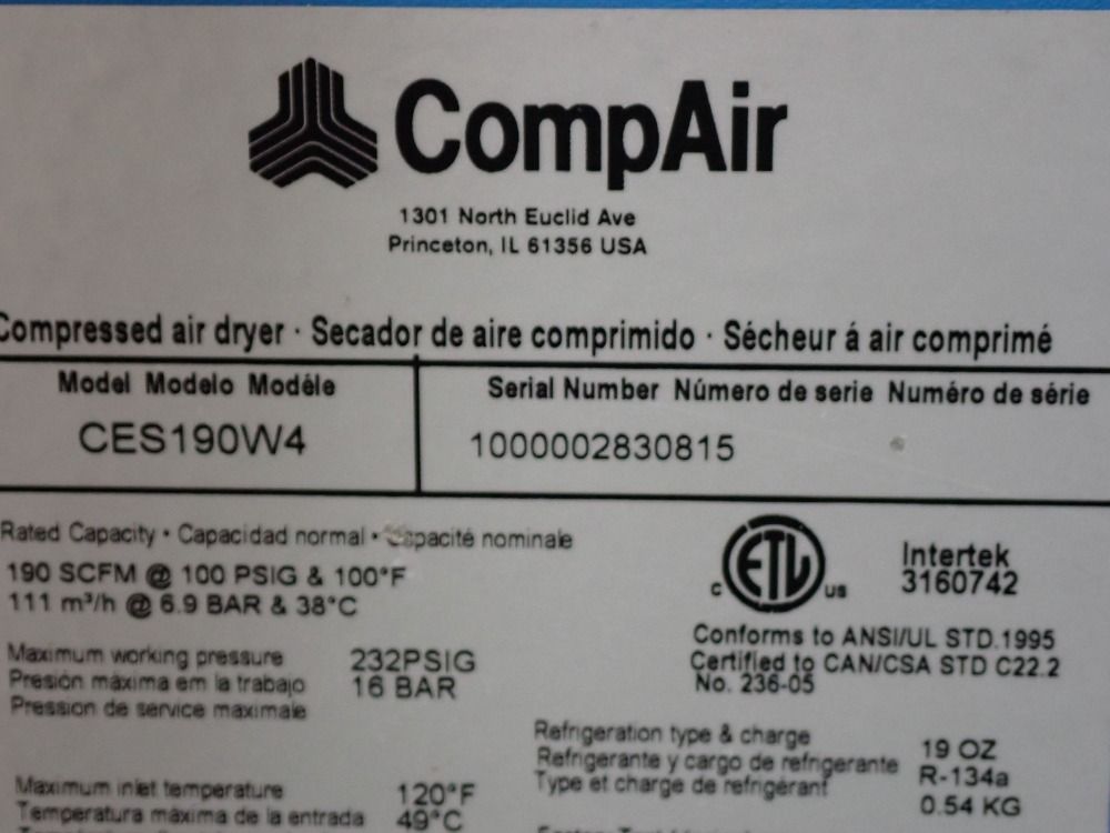 Compair 190scfm Compressed Air Dryer - Ces190w4