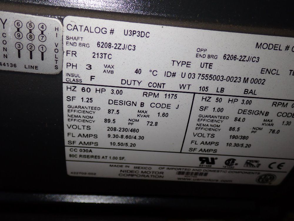 Nidec 3 Hp Motor - U3pdc/ck74