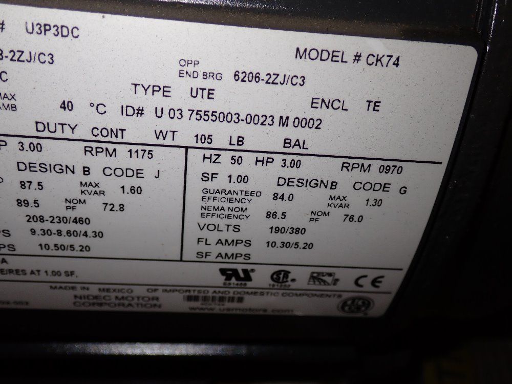 Nidec 3 Hp Motor - U3pdc/ck74