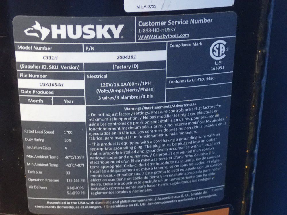 Husky 33 Gal Air Compressor - C331h