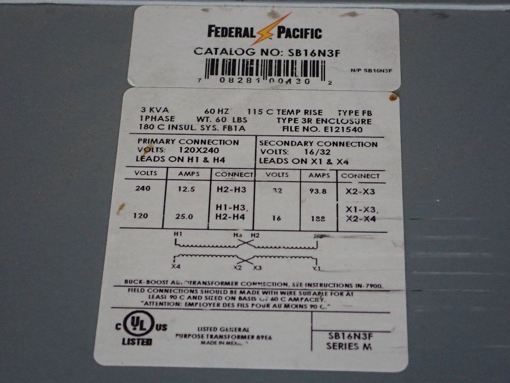 Federal Pacific 3 Kva Transformer - Sb16n3f