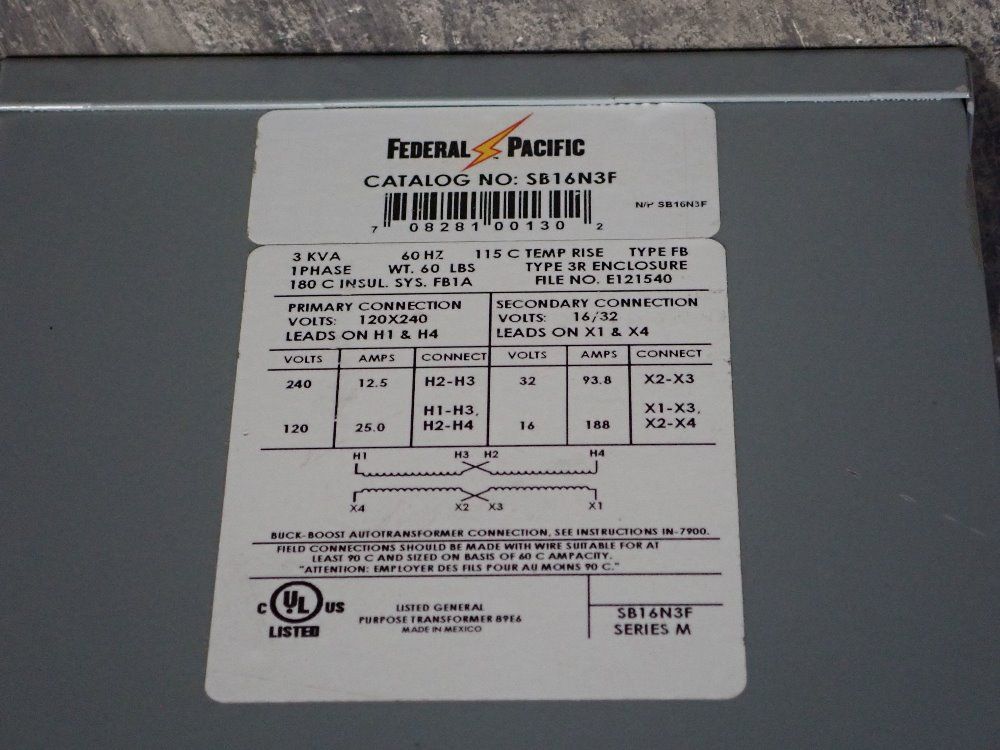 Federal Pacific 3 Kva Transformer - Sb16n3f