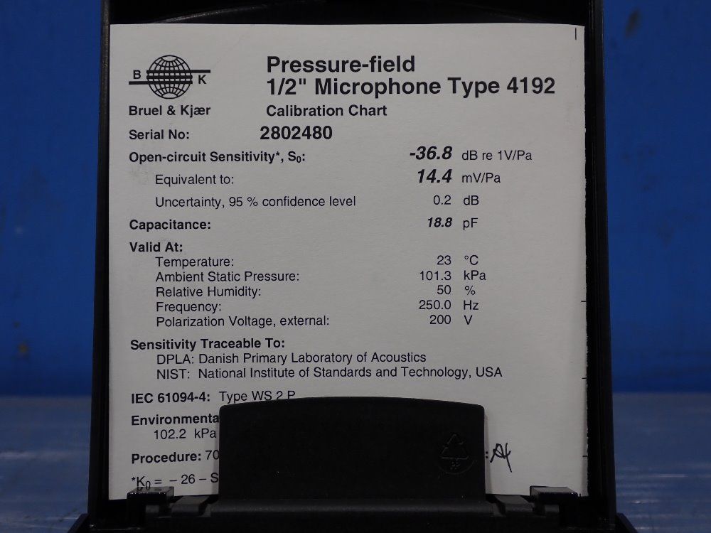 Bruel & Kjaer -36.8db Pressure-field 1/2" Microphone - 4192