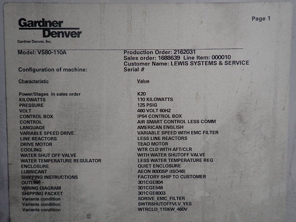 Garner Denver Garner Denver Vs80110 160hp Air Compressor 
