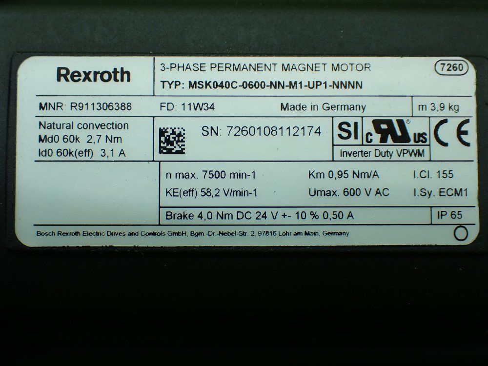 Rexroth 7500 Rpm 3-phase Permanent Magnet Motor. - R911306388