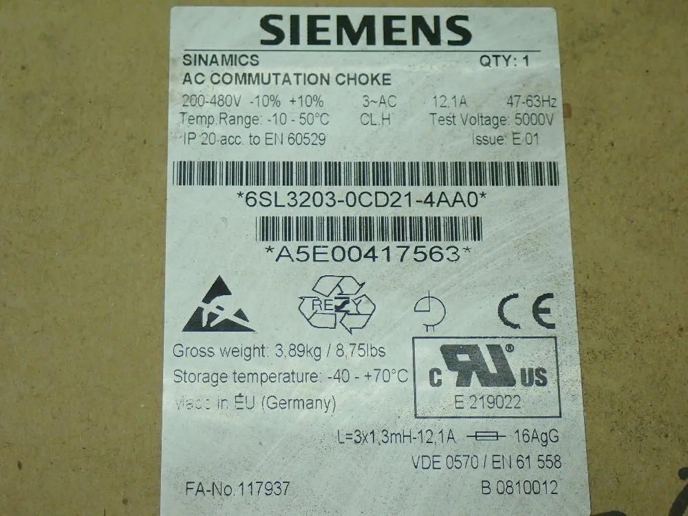Siemens Sinamics Ac Commutation Choke - 6sl3203-0cd21-4aa0