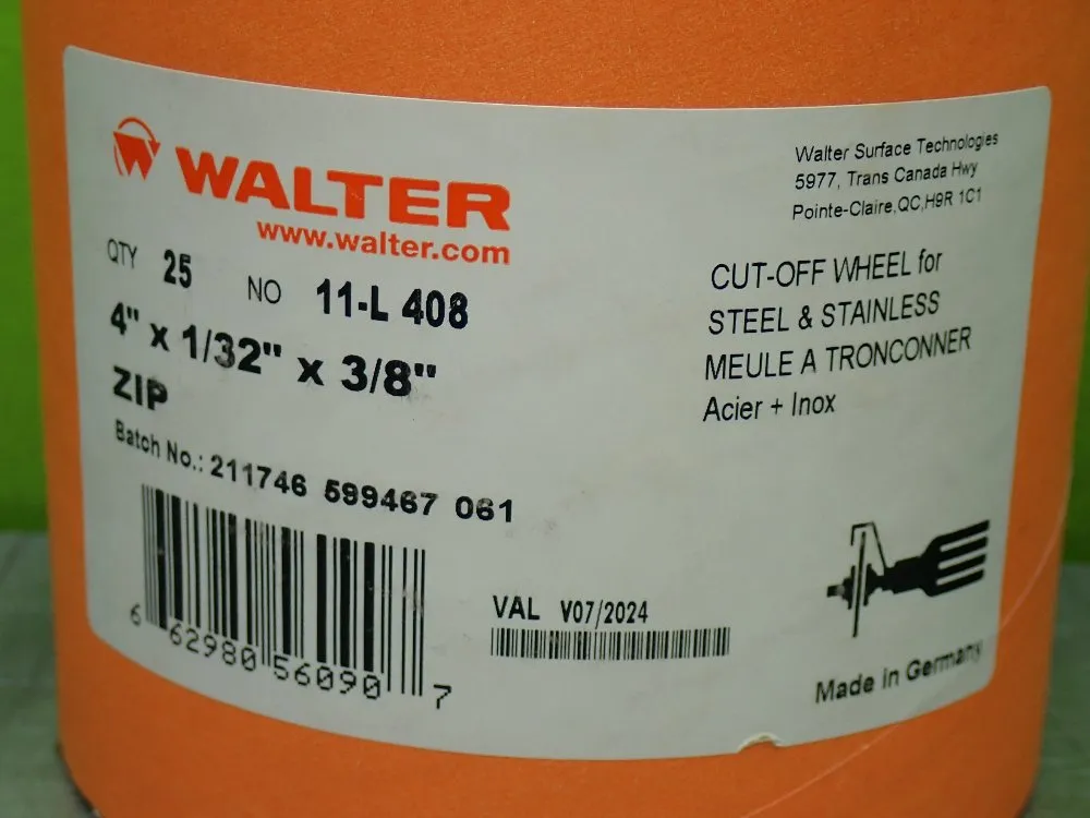 Walter 4" X 1/32" X 3/8" 25 Zip Cut Off Wheels - 11-l 408