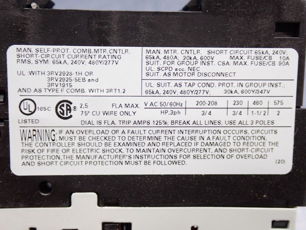 Siemens Circuit Breaker Motor Protector - 3rv1021-1ca10