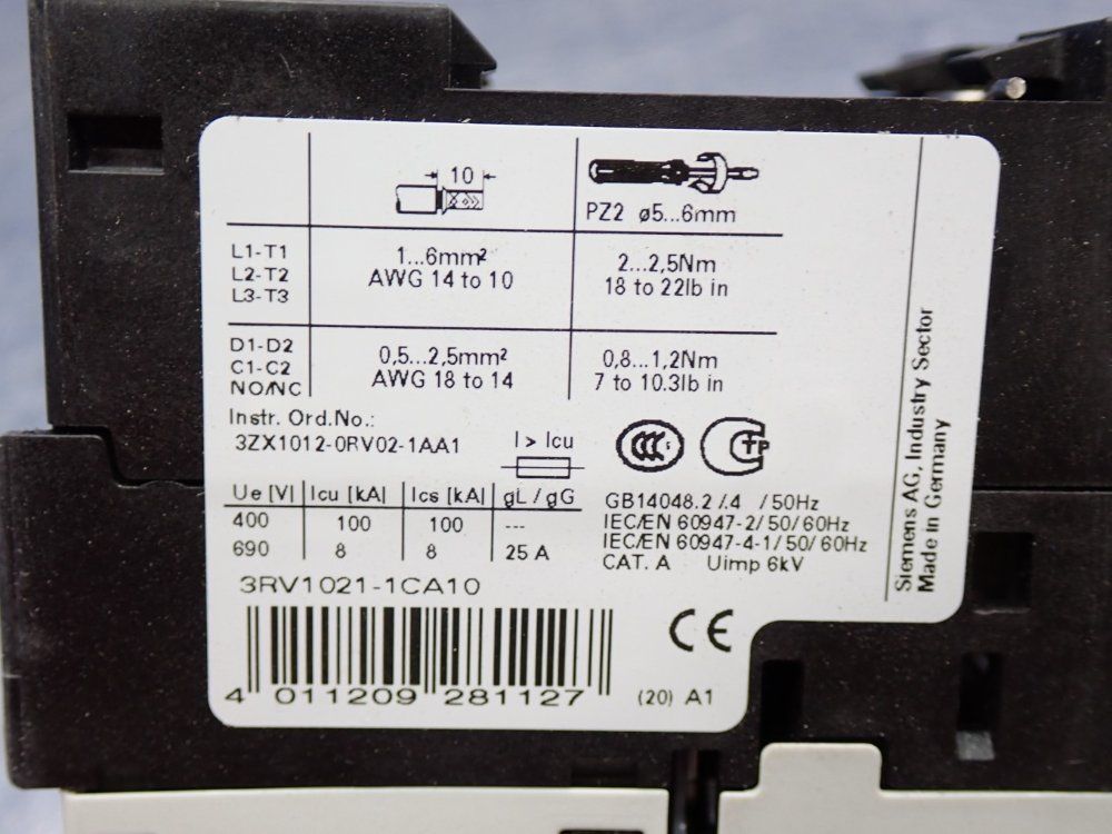 Siemens Circuit Breaker Motor Protector - 3rv1021-1ca10