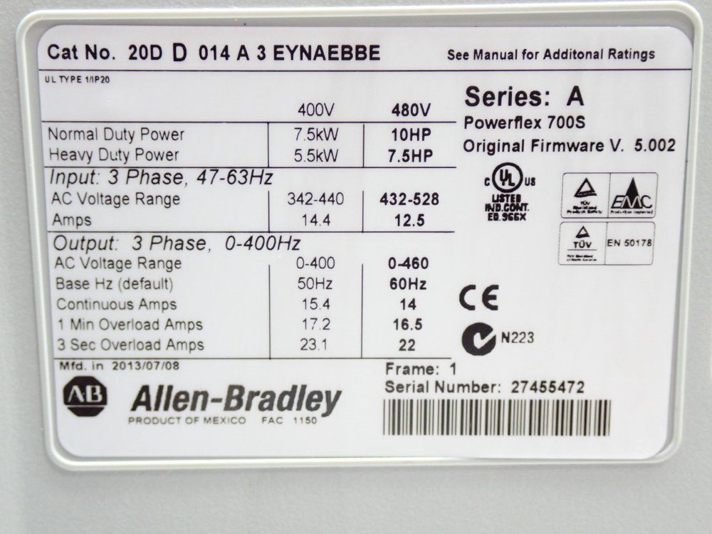 Allen Bradley Powerflex 700s Ac Drive 20d - 20dd014a3eynaebbe