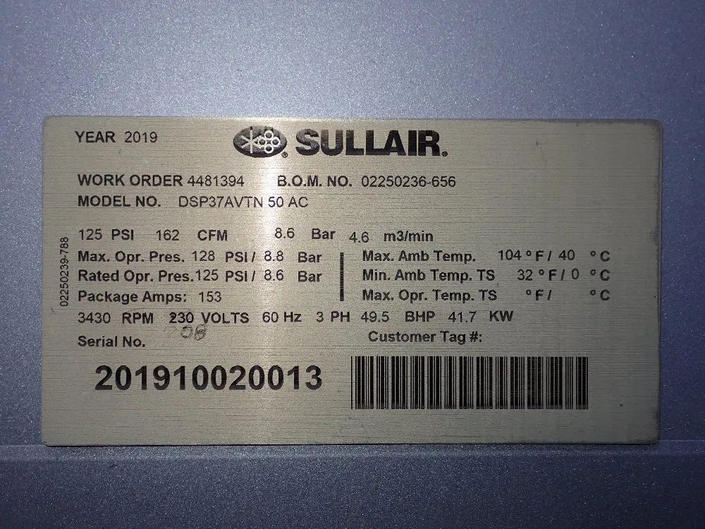 Sullair 2019 Sullair Dsp 37vatn 50 Ac Air Compressor