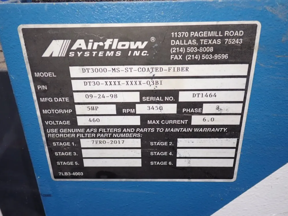 Airflow Systems 1998 Airflow Systems Dt300msstcoatedfiber Dust Collector