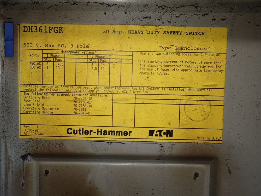 Cutler-hammer 30 Amps/600 Volts Fusible Disconnect - Dh361fgk