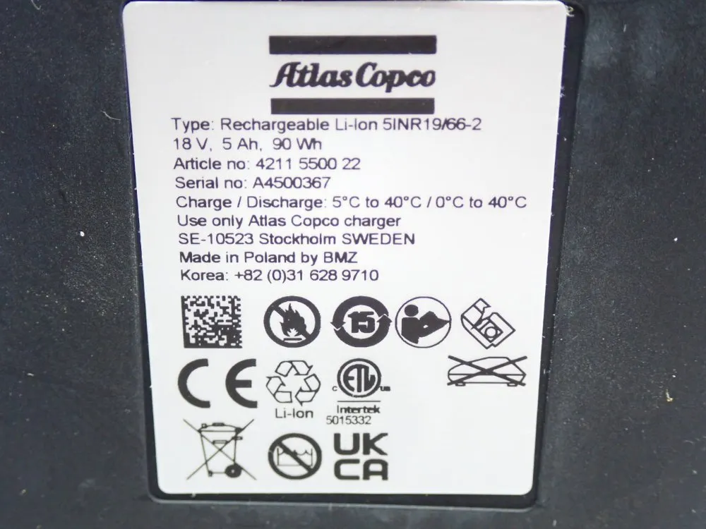 Atlas Copco 18v Replacement Battery - 4211550022