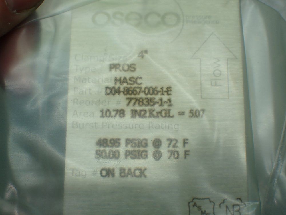 Oseco 48.95 Psig Burst Pressure @ 72f Rupture Disk. - D04-8667-006-1-e