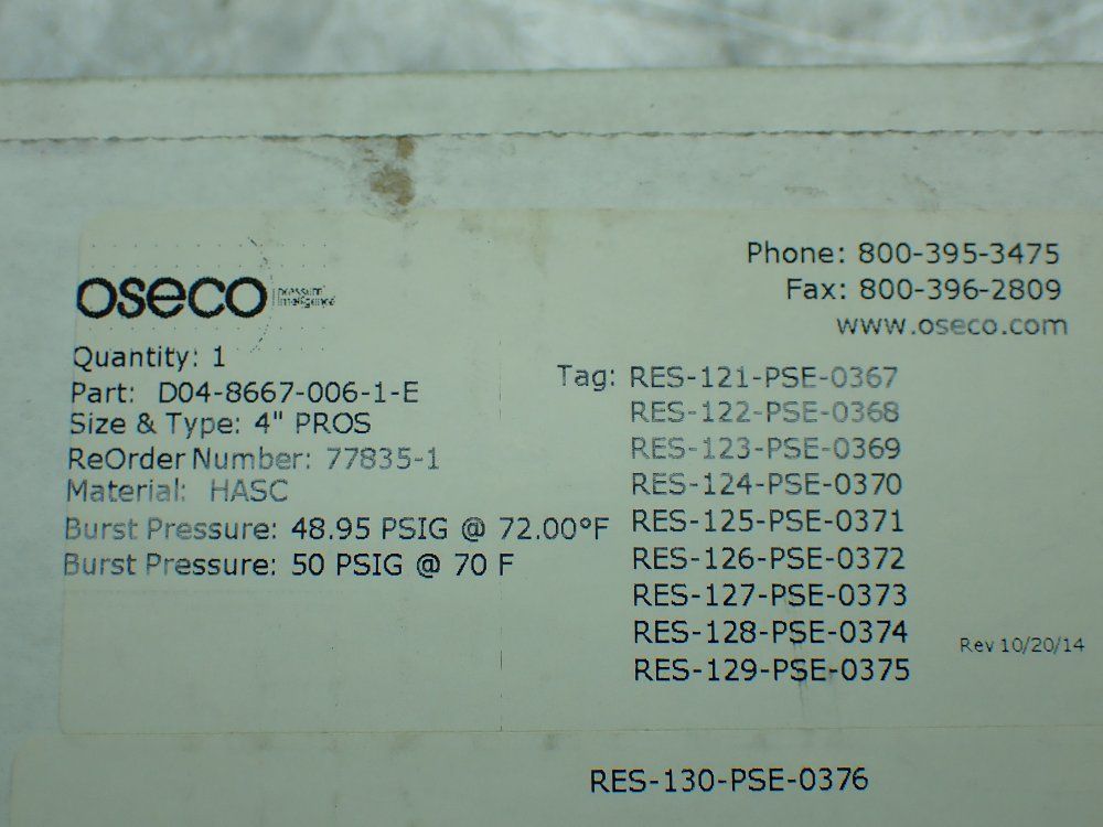 Oseco 48.95 Psig Burst Pressure @ 72f Rupture Disk. - D04-8667-006-1-e