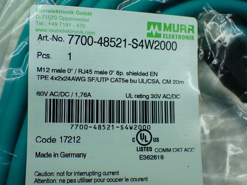 Murr Elektronik M12 Male 0° / Rj45 Male 0° 8p 20m Length Shielded Ethernet Cable - 7700-48521-s4w2000