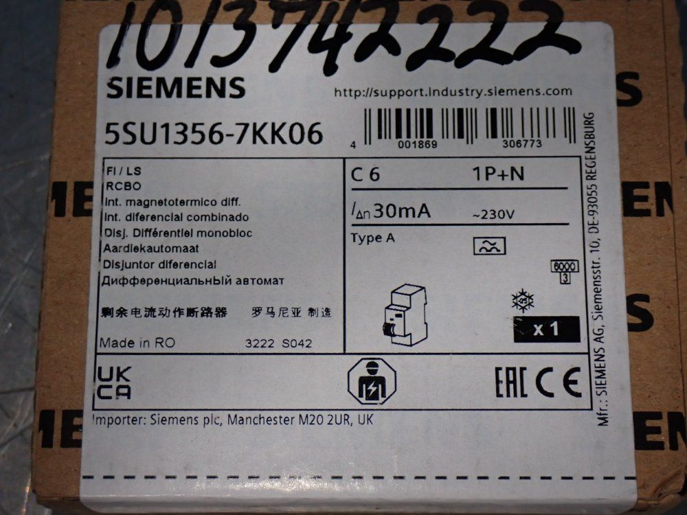 Siemens Din Rail Mount Circuit Breaker - 5su1356-7kk06