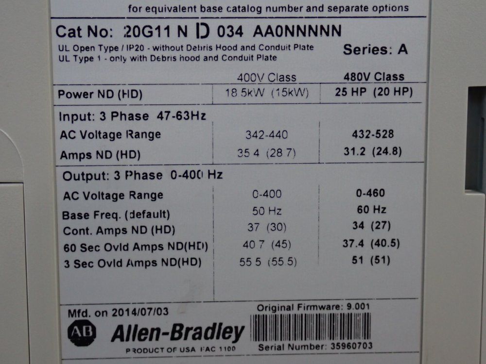 Allen Bradley 25 Hp Series A Powerflex755 - 20g11nd034aa0nnnnn