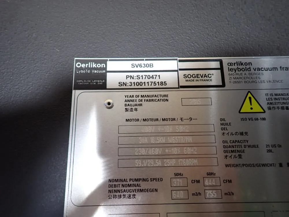 Oerlikon Leybold 25 Hp Vacuum Pump - Sv630b