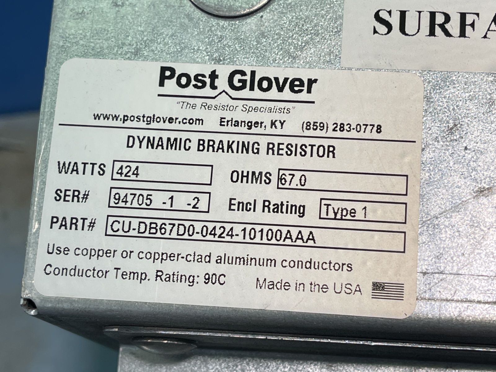 Post Glover 424 W, 67 Ohms Dynamic Braking Resistor - Cu-db67d0-0424-10100aaa