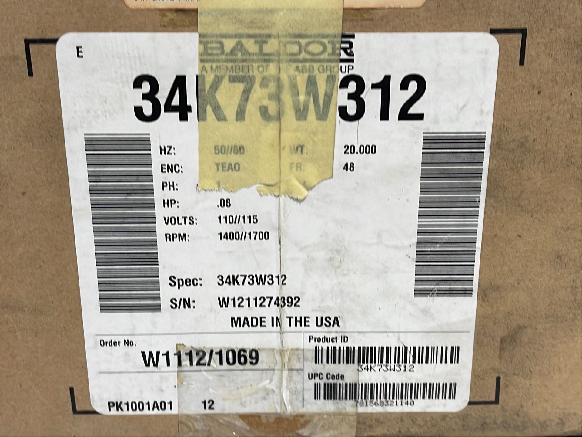 Baldor 0.08 Hp Industrial Motor - 34k73w312