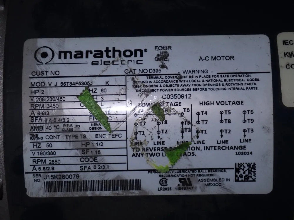 Marathon Electric 2 Hp Motor - Vj56t34f5305jk