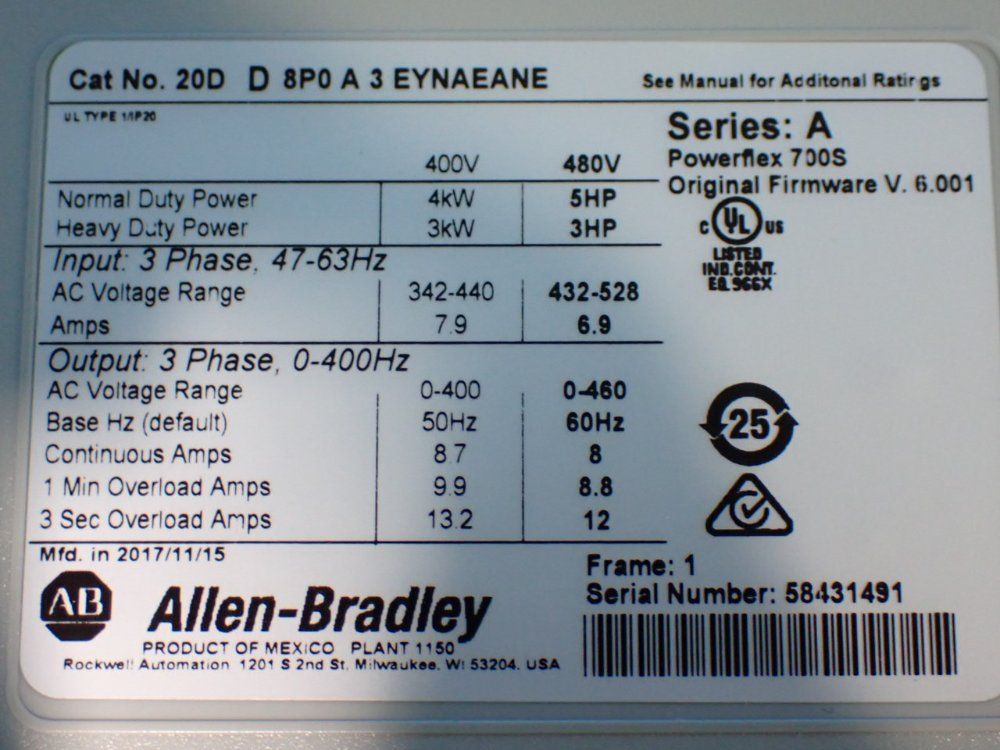 Allen-bradley 5hp Powerflex 700s Servo Drive - 20dd8p0a3eynaeane