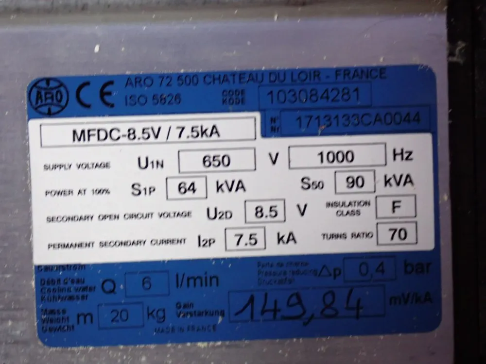 Aro 90 Kva Resistance Welding Transformer - Mfdc-8.5v / 7.5ka