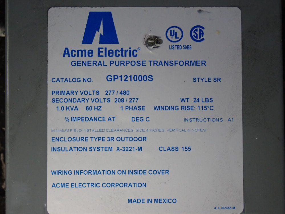 Acme Electric 1.0 Kva Transformer - Gp121000s