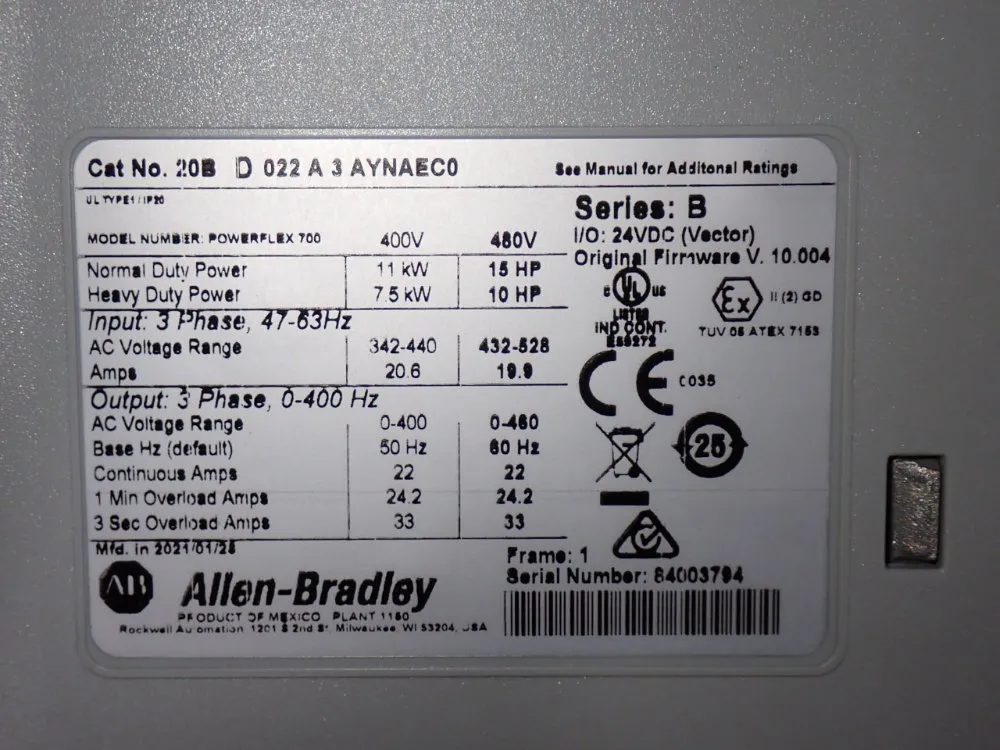 Allen-bradley 15hp Powerflex 700 Servo Drive - 20bd022a3aynaec0