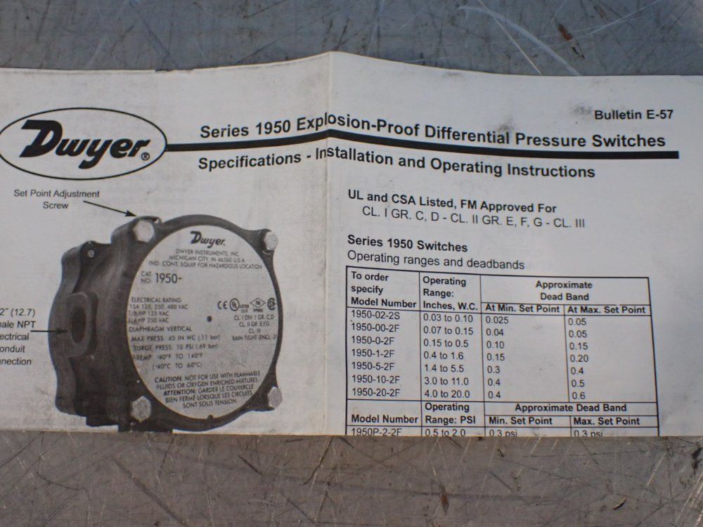 Dwyer Explosion Proof Differential Pressure Switch - 1950-1-2f