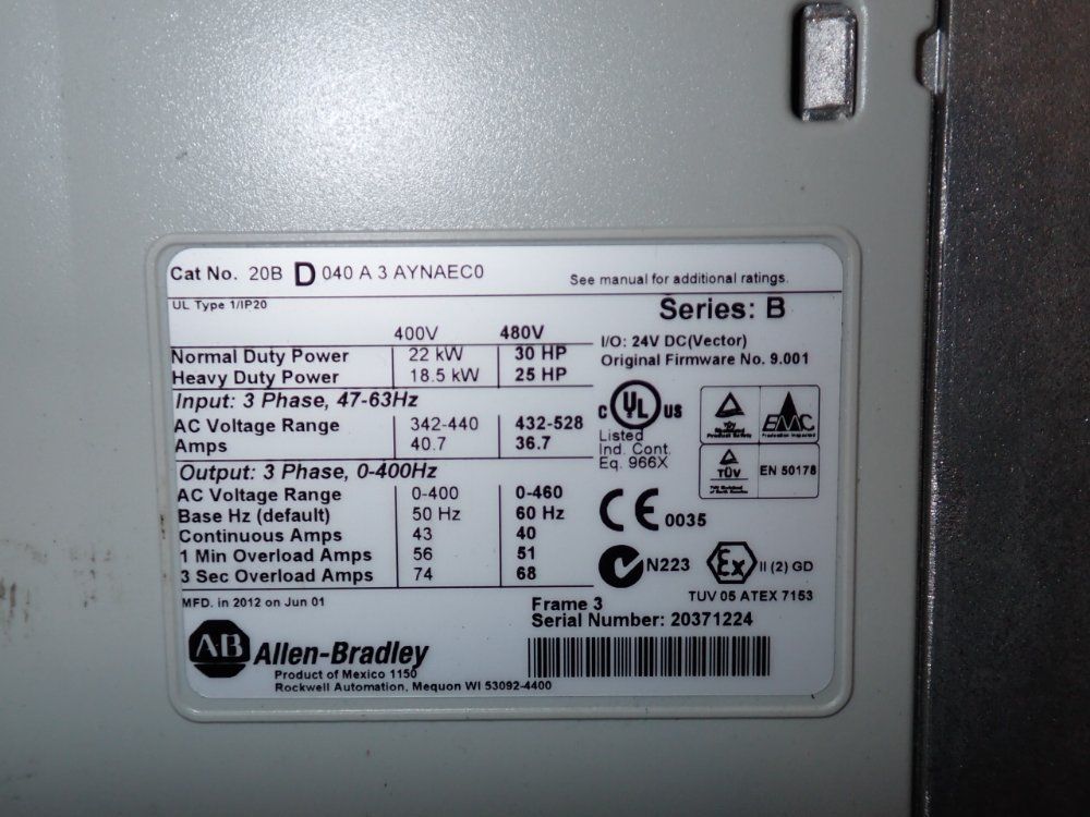 Allen Bradley 30 Hp Series B Powerflex700 - 20bd040a3aynaec0