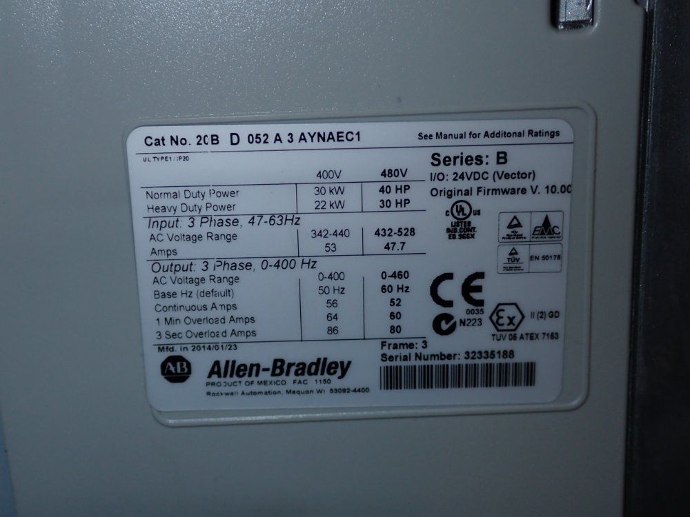 Allen Bradley 40 Hp Series B Powerflex700 - 20bd052a3aynaec1