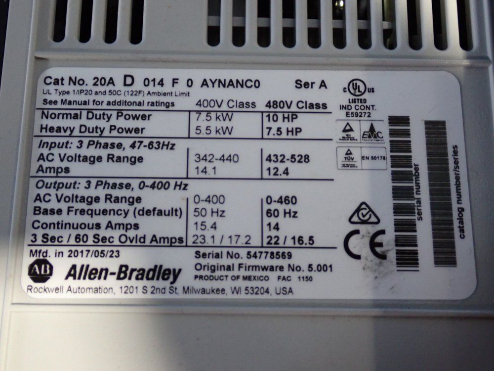 Allen Bradley 10 Hp Series A Powerflex70 - 20ad014fa0ynanc0