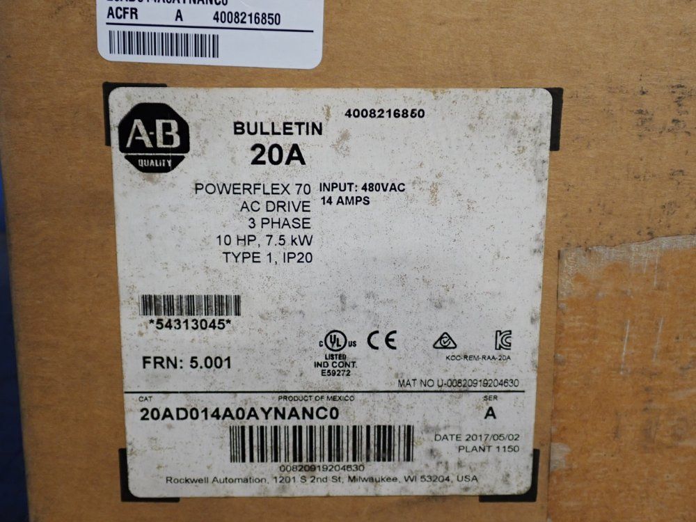 Allen Bradley 10 Hp Series A Powerflex70 - 20ad014a0aynanc0