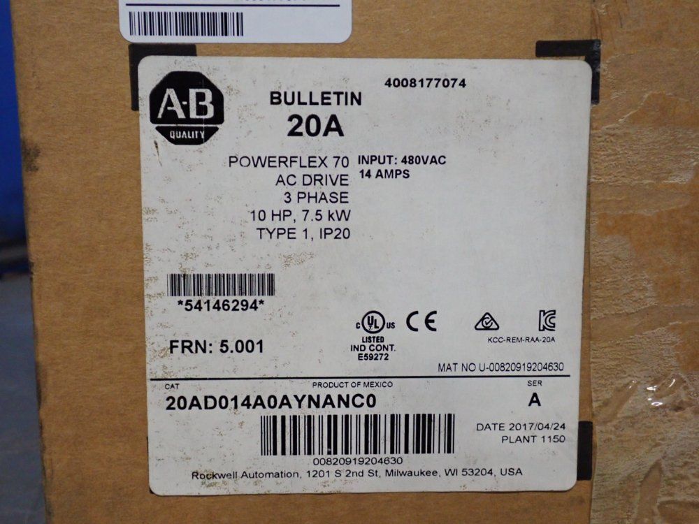 Allen Bradley 10 Hp Series A Powerflex70 - 20ad014a0aynanc0