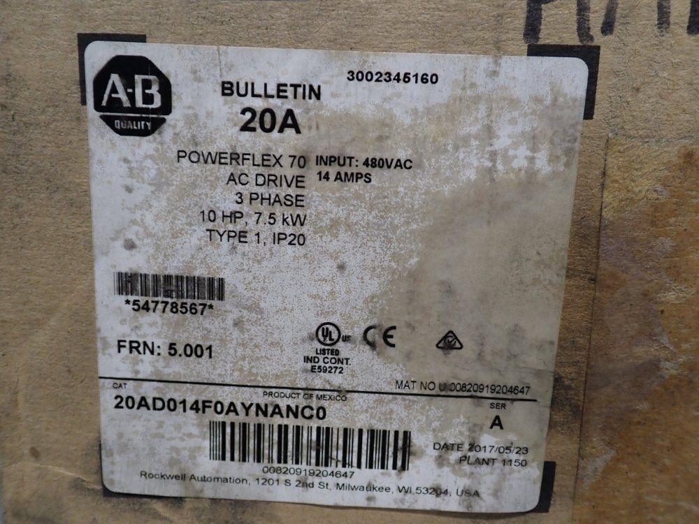 Allen Bradley 10 Hp Series A Powerflex70 - 20ad014a0aynanc0